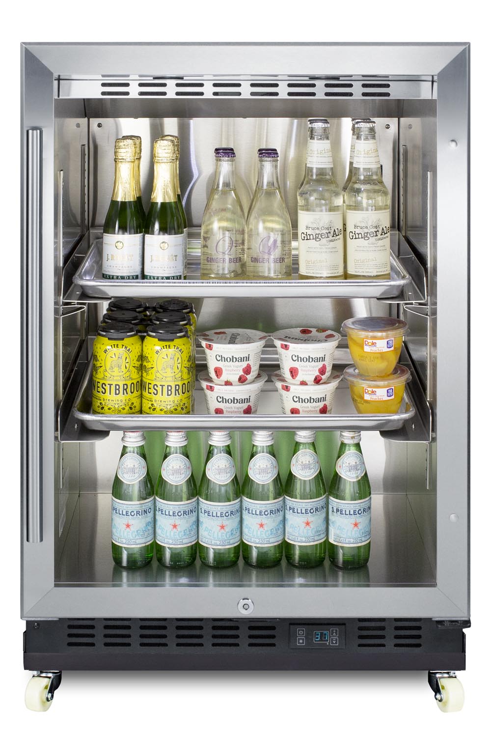 Built-in undercounter mini reach-in commercial beverage center w/SS interior, sheet pans and adjustable tray supports, chrome shelves, lock, digital thermostat, and removable dolly
